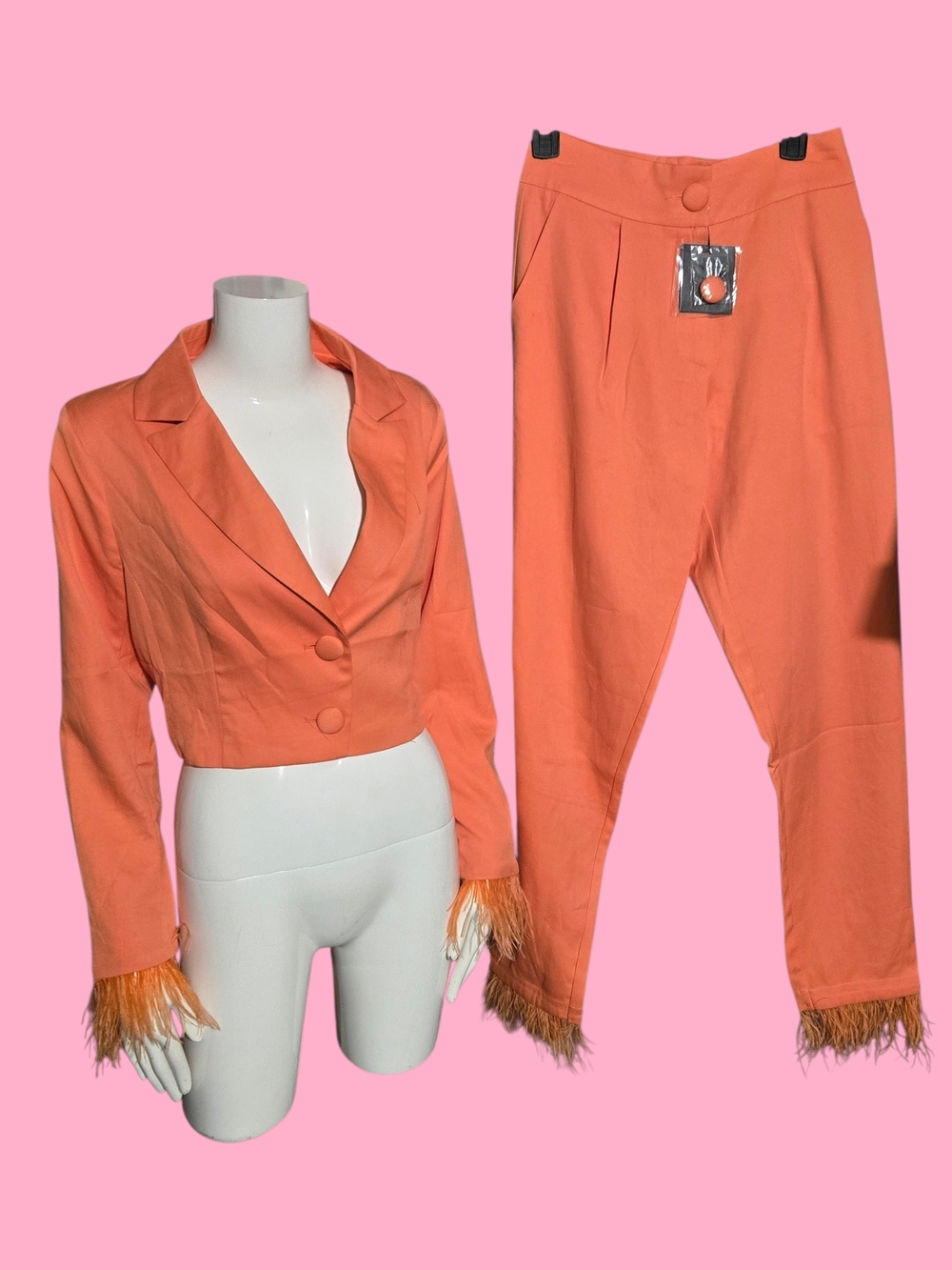 Cropped Feather-Trim Blazer & High-Waist Pants Set - Coral